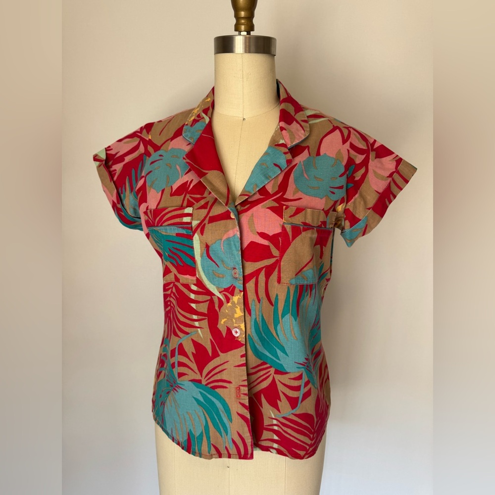 Vintage Tropical Print Hawaiian Cotton Button-Up short sleeve Shirt size M